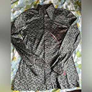 70s Wayne Rogers Shirt Nylon Designer Green Multiprint zipper M Button Vintage